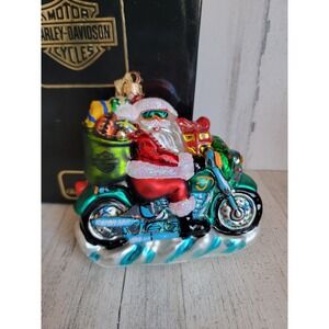 Radko Harley-Davidson free wheelin Santa Claus biker glass ornament Xmas glitter